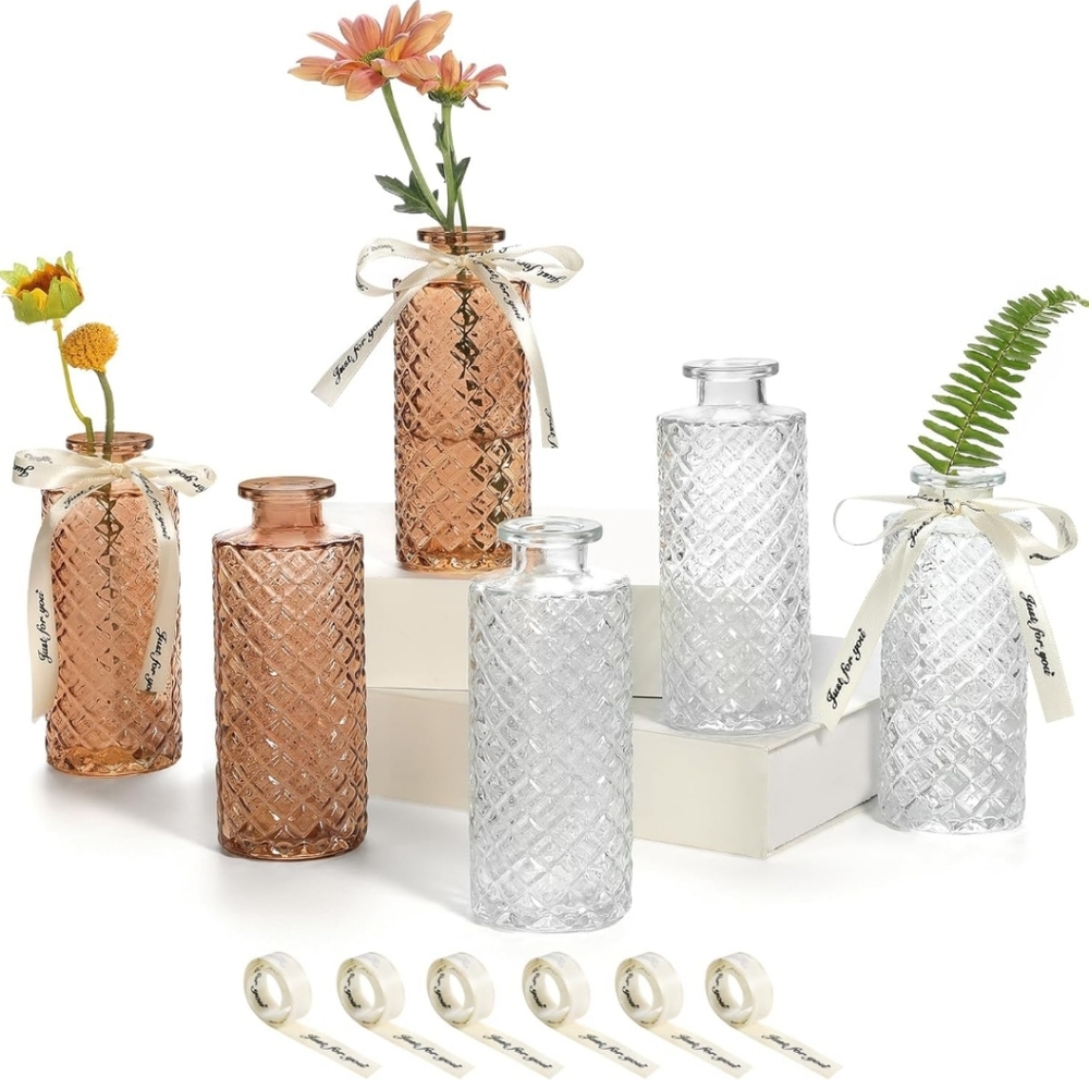 Set of 6 Small Bud Vases Mini Bud Vases 3 Amber 3 Clear Glass Brand New